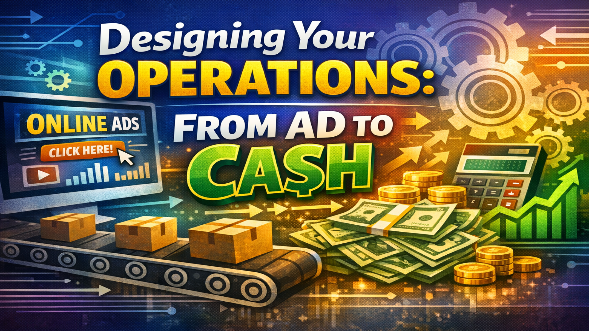 Conveyor with boxes, stacks of cash, gears, ads, and calculator on colorful digital background.