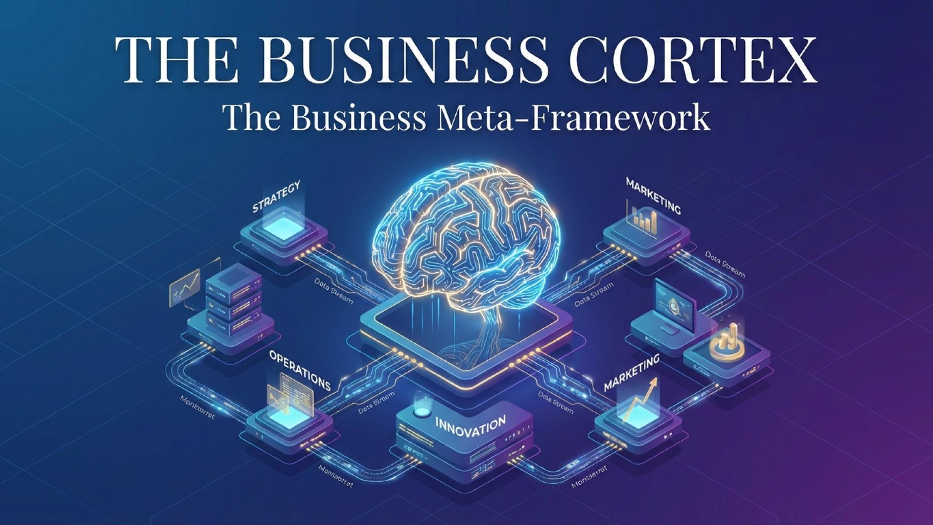 Digital brain connects to glowing devices in a blue, tech-themed business graphic.