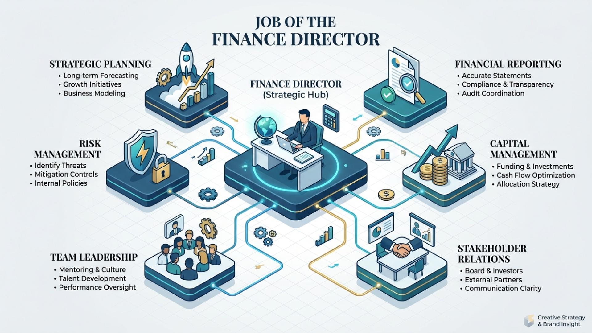 Infographic showing six key responsibilities of a finance director with icons and text.