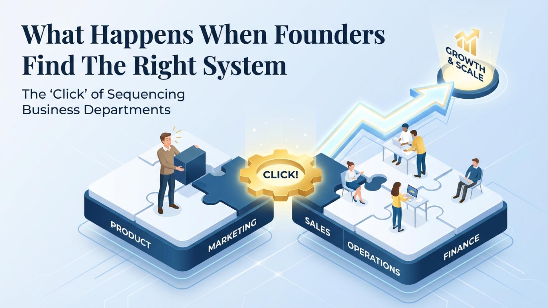 Business departments connecting like puzzle pieces, leading to growth and success graph.