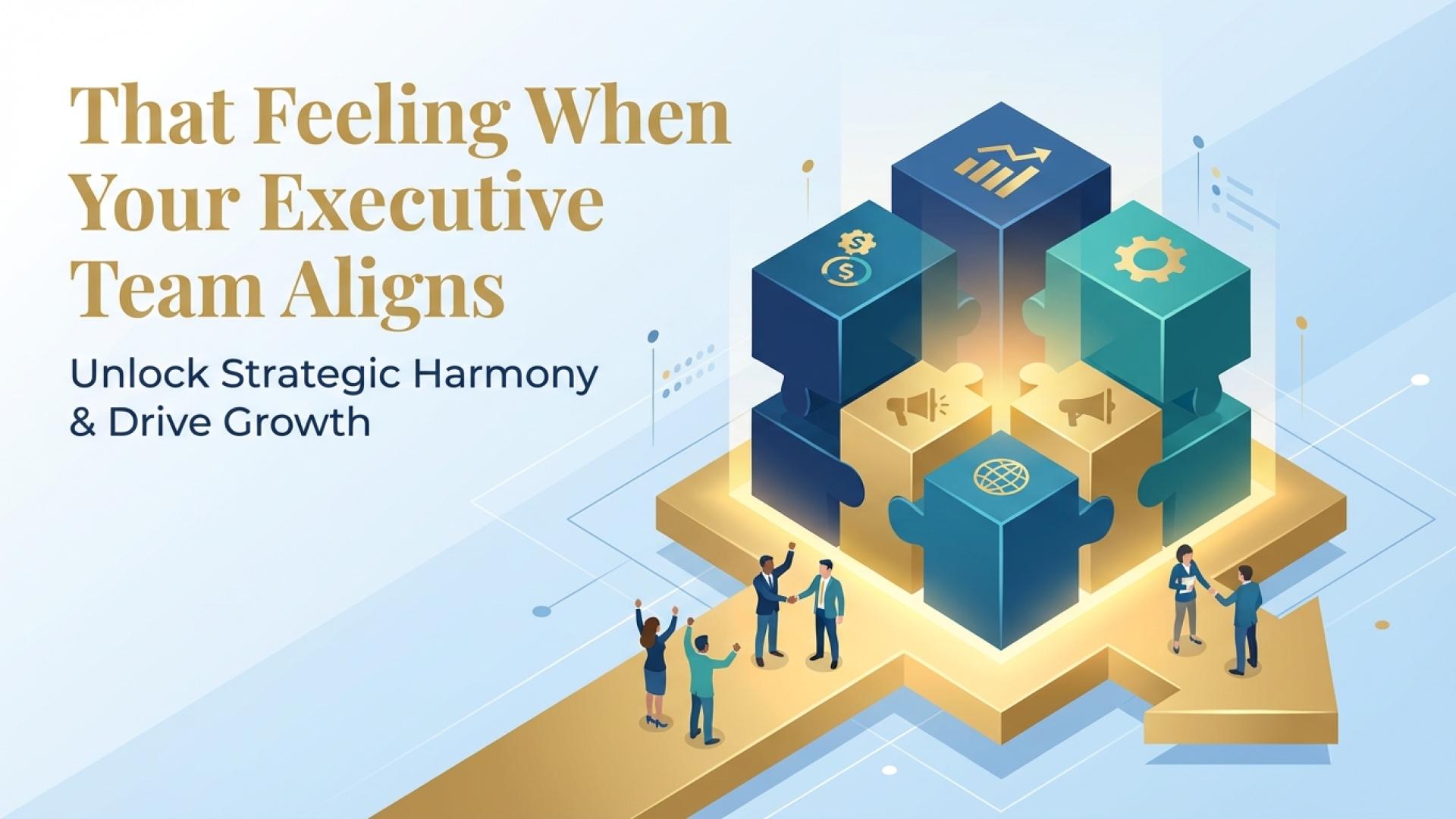 Businesspeople assembling puzzle pieces with business icons on a golden arrow platform.