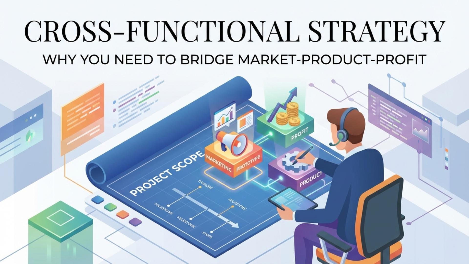 Man at desk with a headset, reviewing a strategic project plan on a digital blueprint.