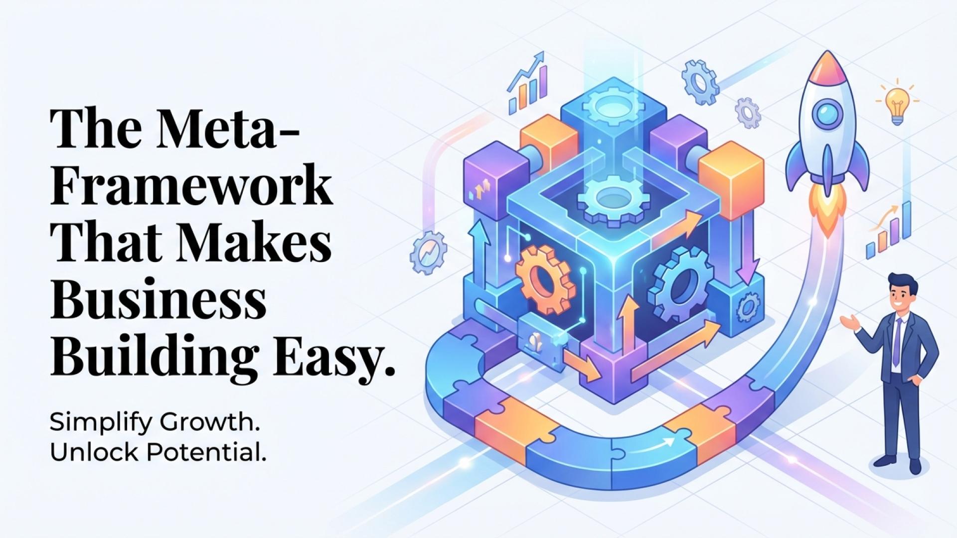 Businessman pointing at a colorful 3D cube with gears and a rocket launching.