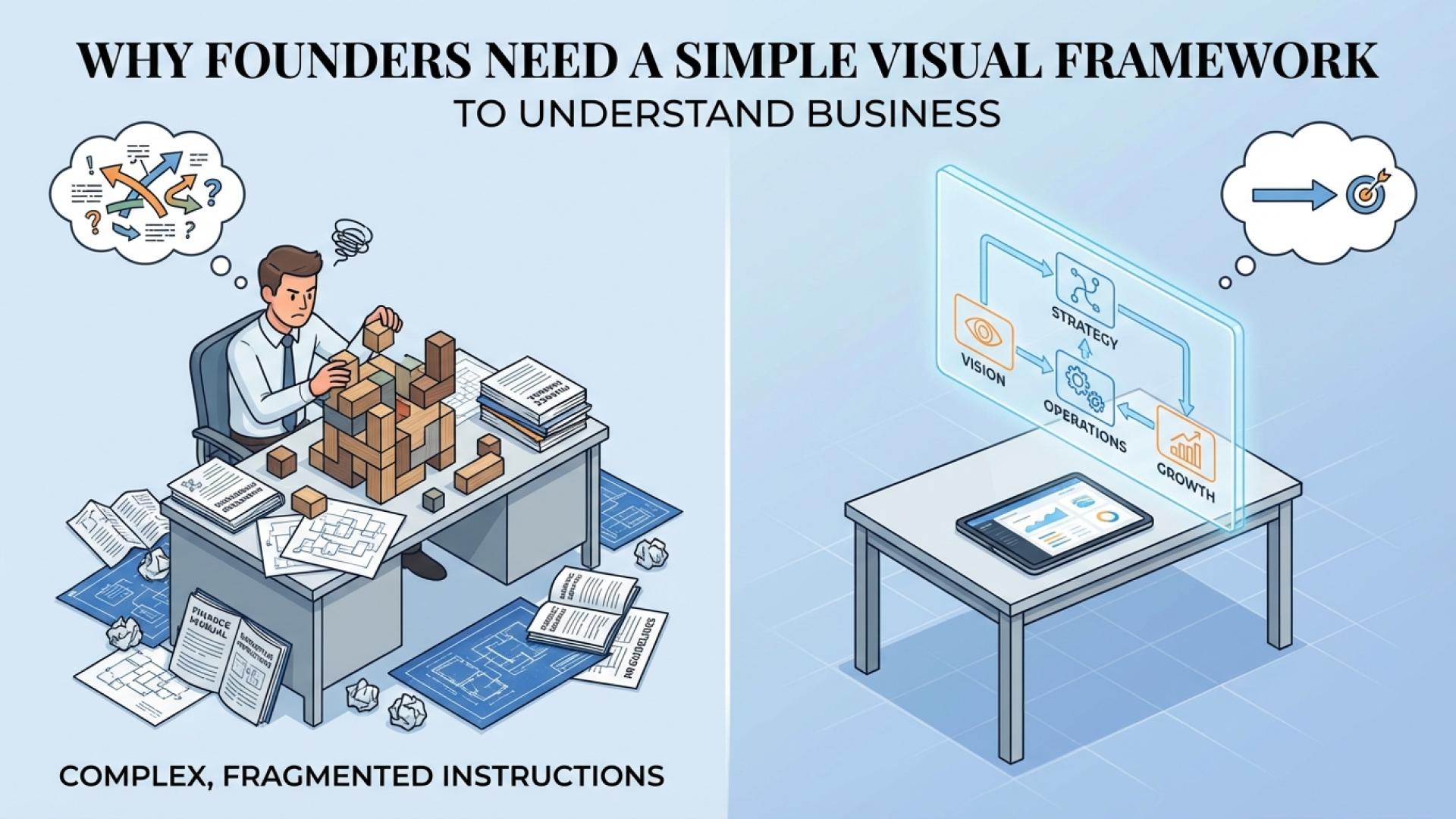 Split-screen cartoon showing chaotic vs. organized workspace with text about visual framework benefits