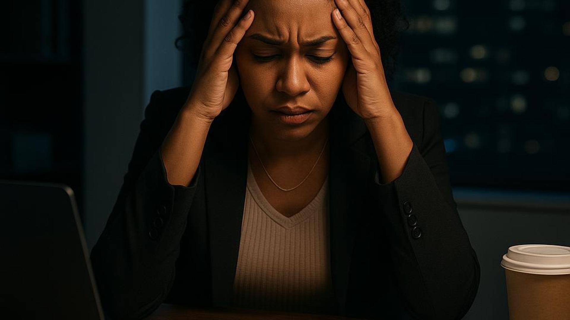Woman at desk looking stressed, hands on head, with building permit papers and laptop.