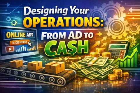 Conveyor with boxes, stacks of cash, gears, ads, and calculator on colorful digital background.