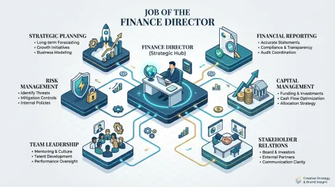 Infographic showing six key responsibilities of a finance director with icons and text.