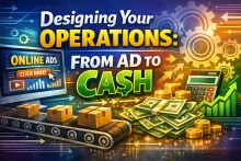 Conveyor with boxes, stacks of cash, gears, ads, and calculator on colorful digital background.